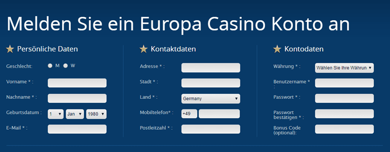 Die Europa Casino Registrierungsseite