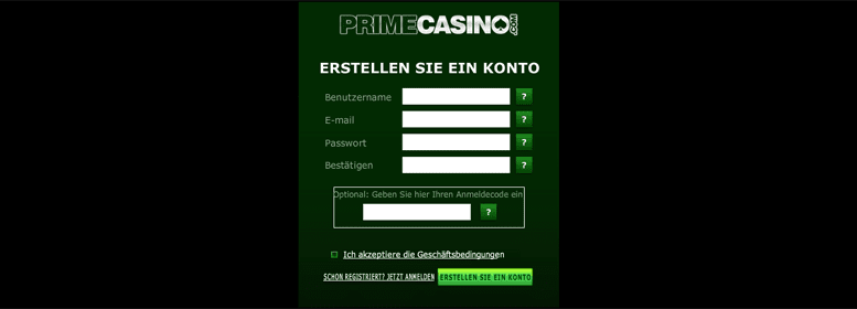 Anmeldeformular im Prime Casino